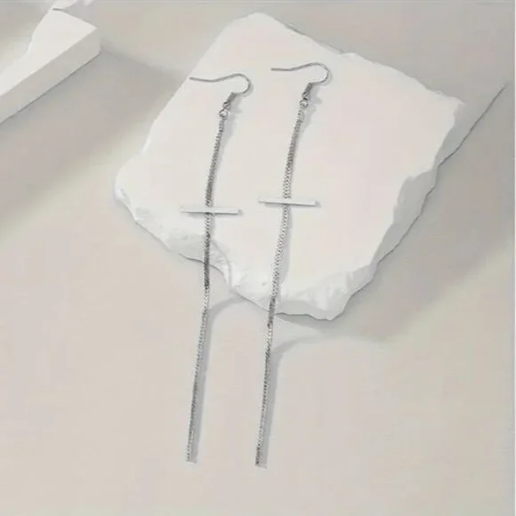 NEW Silver Plated Cross Chain Shoulder Duster Drop Earrings - Picture 2 of 3